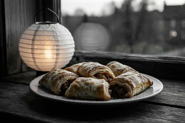 Een bord goudbruine appelflappen staat op een donkere houten vensterbank naast een brandende papieren lantaarn, met een onscherp uitzicht in de schemering.