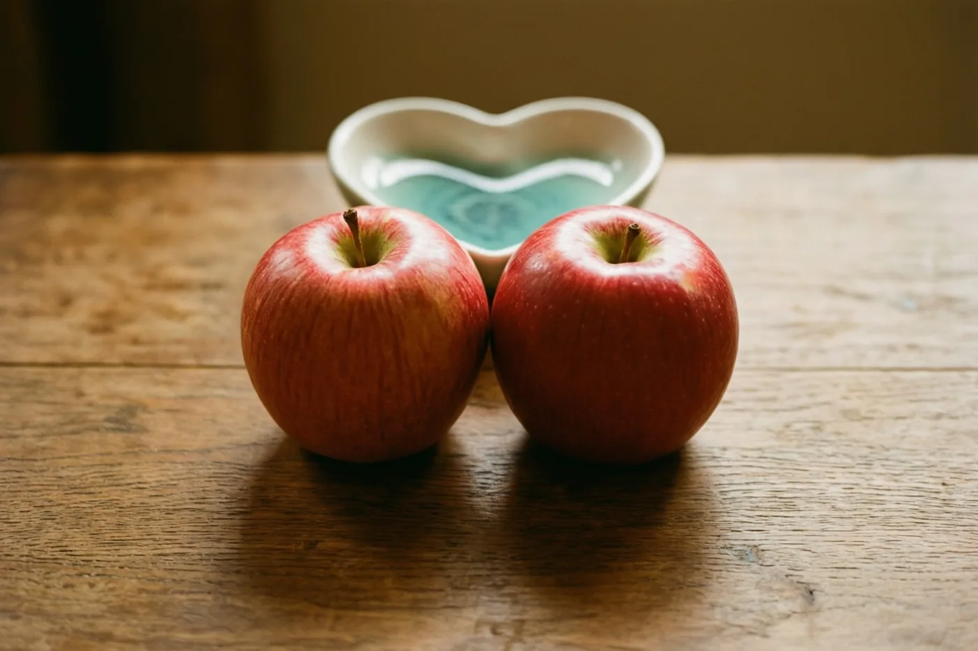 Twee rode appels raken elkaar op een houten tafel met een klein hartvormig schaaltje erachter, in warme rode, bruine en blauwgroene tinten.