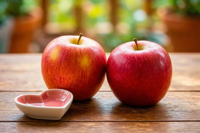 Twee rode appels raken elkaar op een houten tafel met een hartvormig schaaltje ervoor, tegen een onscherpe groene achtergrond.