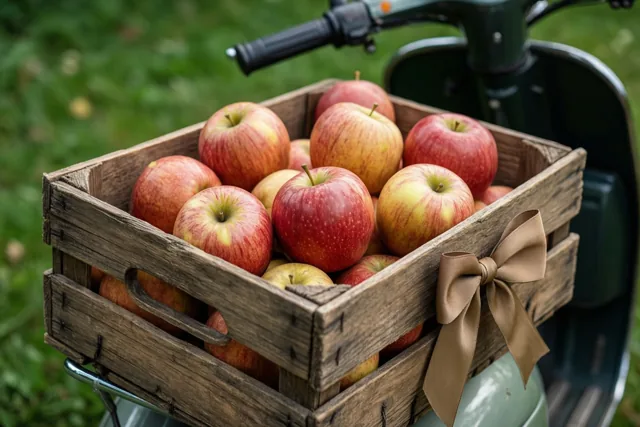 Een houten krat met rode en gele appels en een bruine strik staat achter op een groene vintage scooter, met gras op de achtergrond.