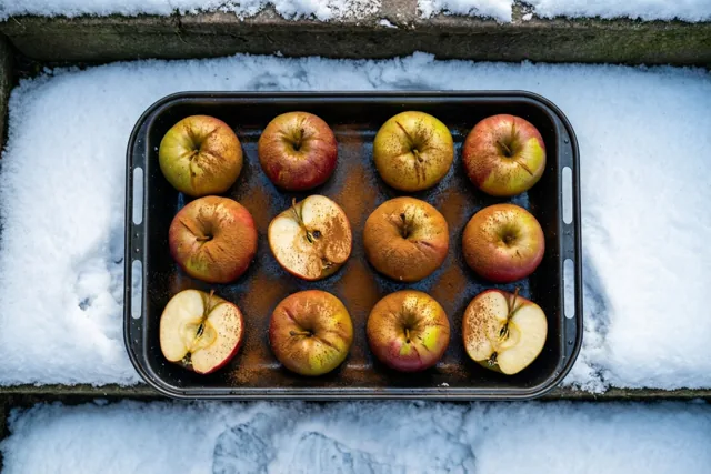 Een zwarte bakplaat met twaalf hele en halve appels bestrooid met kaneel staat op besneeuwde treden.