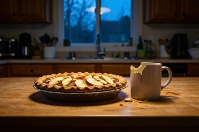 Een hele appeltaart staat naast een gebroken witte mok op een houten keukenwerkblad, met blauw licht van het raam en warm licht op het werkblad.