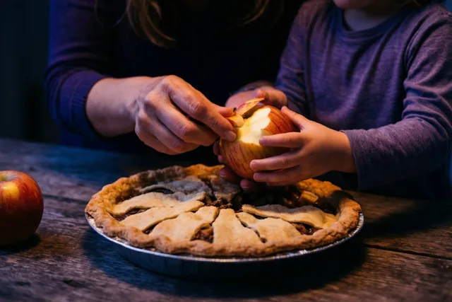 Een moeder en kind schillen samen een appel boven een houten tafel, met een appeltaart in een metalen bakvorm ernaast en warme paarse en bruine tinten.