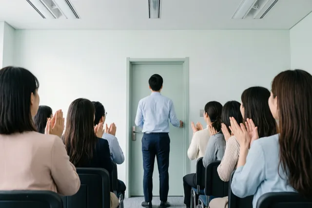 Collega's zitten met de rug naar de kijker in een witte vergaderruimte en applaudisseren voor een man in een lichtblauw hemd bij de deur.