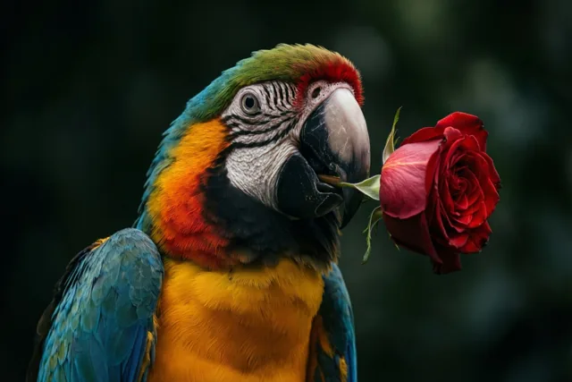 Een kleurrijke ara houdt een rode roos in zijn snavel tegen een donkere wazige achtergrond, met geel, blauw en rood als opvallende kleuren.