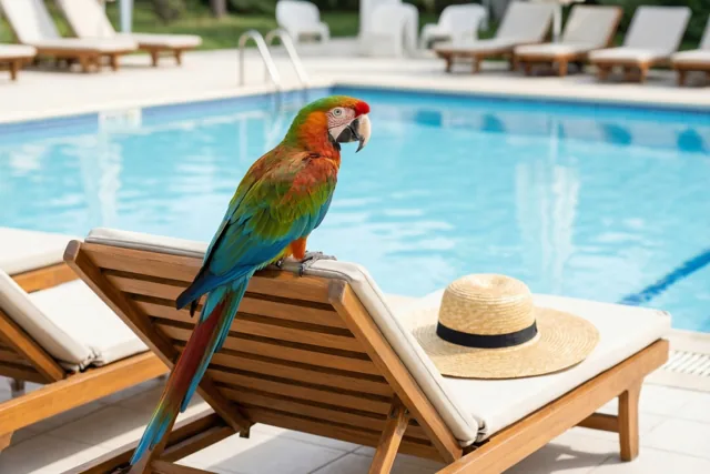 Een kleurrijke ara zit op de rugleuning van een houten ligstoel naast een zwembad in een zonnig vakantieverblijf, met een strohoed op de zitting.