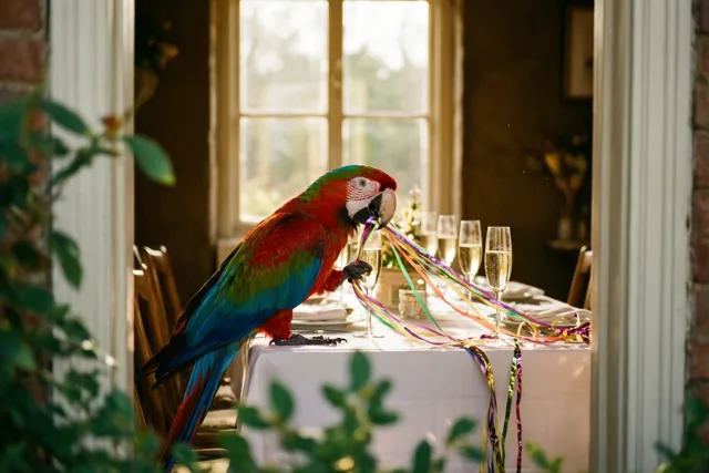 Een rode, groene en blauwe ara zit op een tafel met een wit kleed en trekt een lange veelkleurige feestslinger over de tafel, bij een raam met zacht zonlicht.