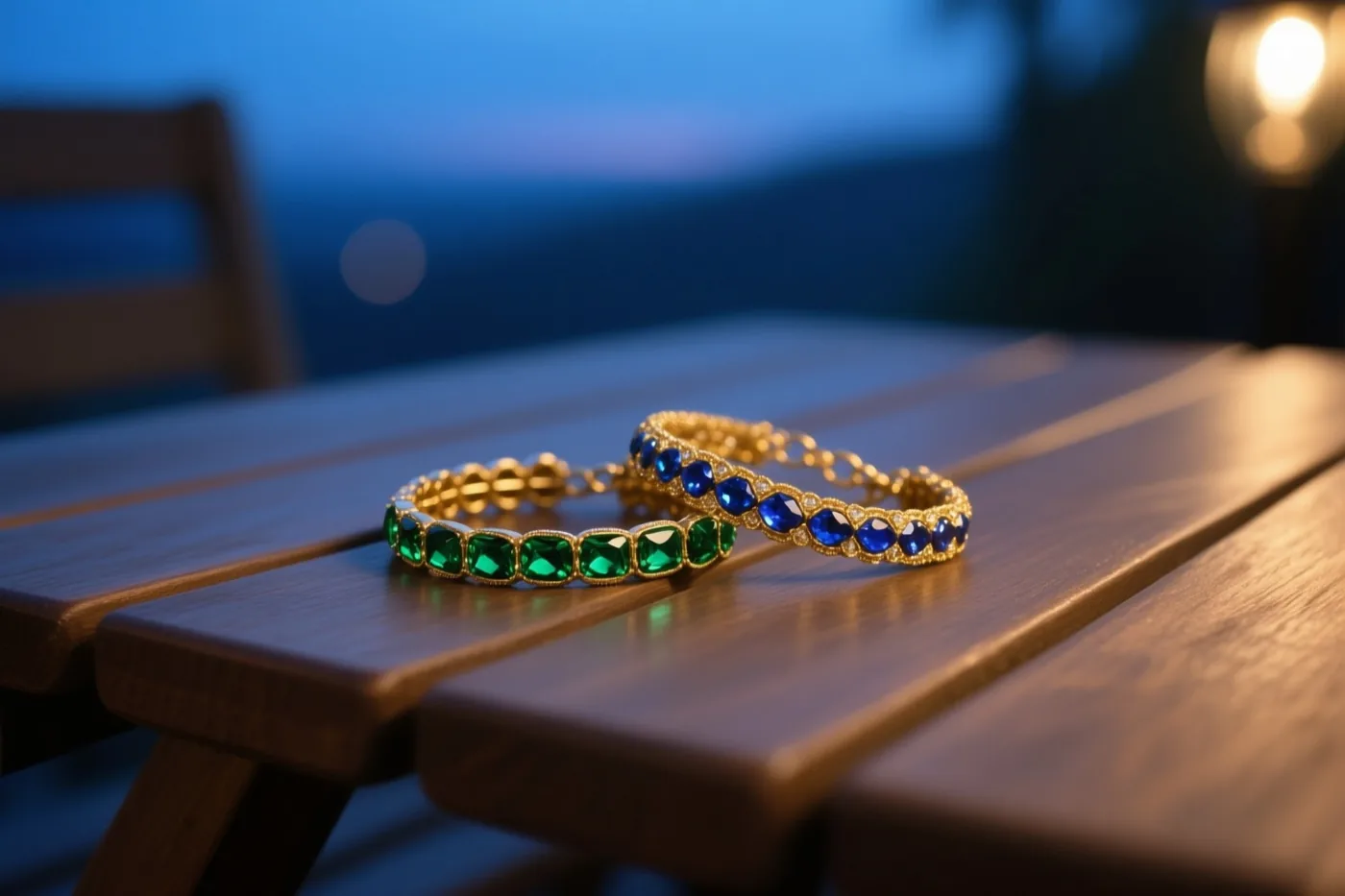 Twee sierlijke armbanden met groene en blauwe edelstenen liggen verstrengeld op een houten tafel in warm licht tegen een zachtblauwe achtergrond.