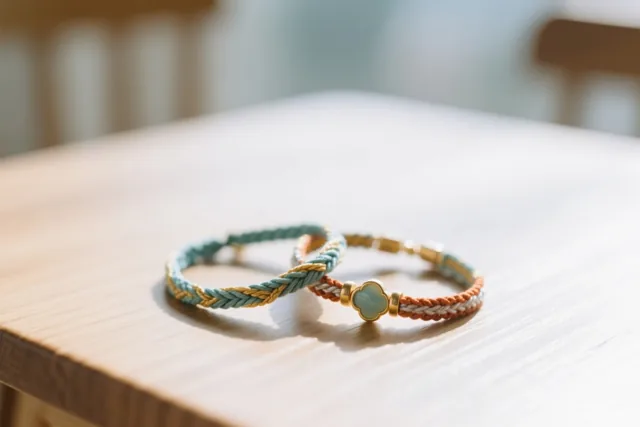 Een blauwgroene armband met goud en een oranje met witte armband met een klavervormig bedeltje liggen verstrengeld op een lichte houten tafel.