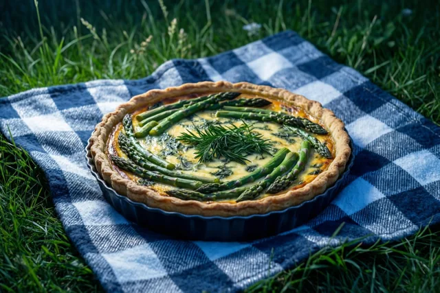 Een quiche met groene asperges en verse kruiden staat in een donkere bakvorm op een blauw-wit geruit picknickdeken op groen gras.