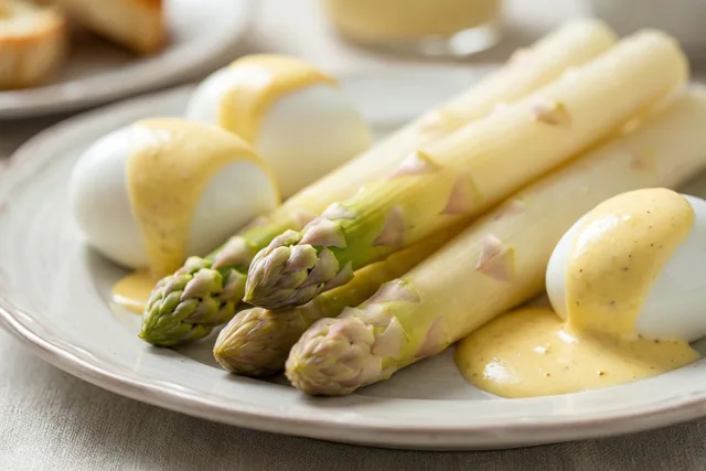 Een bord met witte asperges en gehalveerde hardgekookte eieren met hollandaisesaus staat op een tafelkleed met structuur.