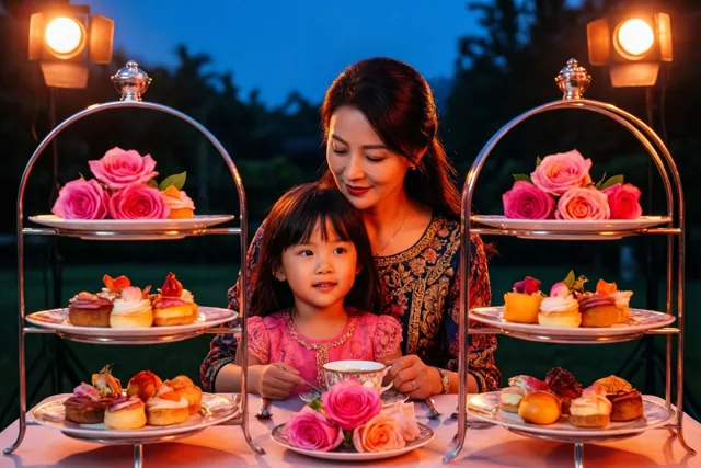 Een moeder en haar jonge dochter drinken buiten aan tafel thee bij twee etagères met gebakjes en roze rozen, in warm licht van spots onder een donkerblauwe avondlucht.