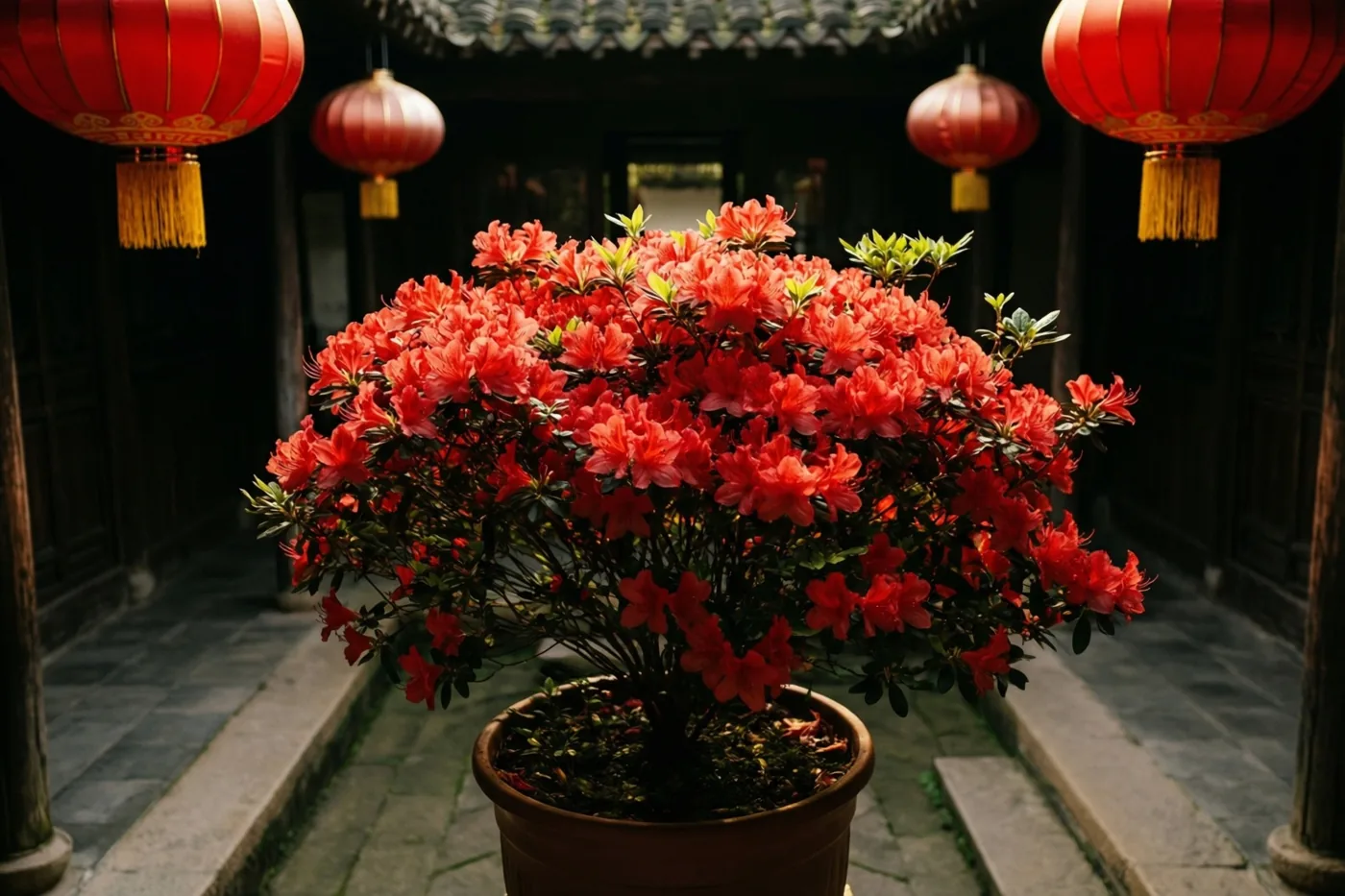 Een pot met felrode azalea's staat midden op een traditionele binnenplaats met stenen bestrating, onder een donkere houten dakrand en tussen hangende rode lantaarns.