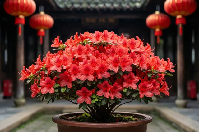 Een pot met felrode azalea's staat vooraan op een traditionele binnenplaats, met rode lantaarns aan de dakranden op de achtergrond.