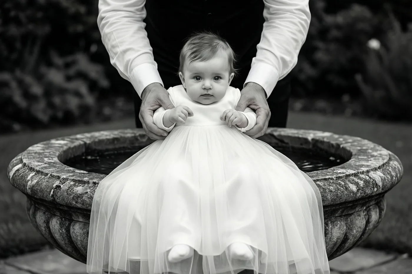 Een zwart-witfoto toont een baby in een lang wit kleed die door handen met witte hemdmanchetten boven een stenen doopvont wordt gehouden.