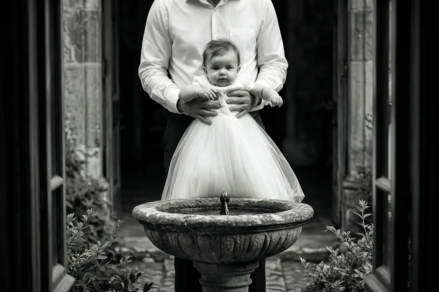 Een man in een wit hemd houdt een baby in een lang wit kleed boven een stenen doopvont op een schemerige binnenplaats met stenen muren en planten aan weerszijden.