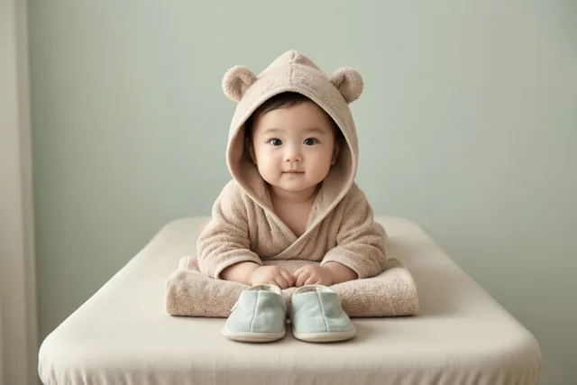 Een baby met een beige badcape met berenoortjes zit op een verzorgingstafel met lichtblauwe slofjes ervoor, tegen een lichtgroene muur.