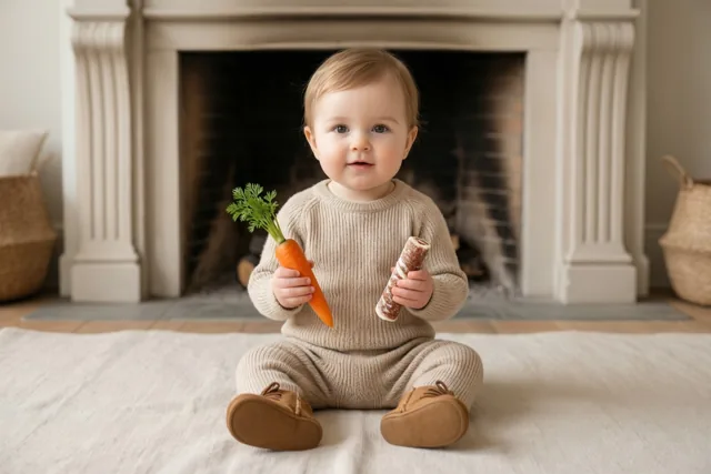 Een baby in een beige gebreid pakje zit op een wit tapijt voor een haard en houdt een wortel en een pepernoot vast.
