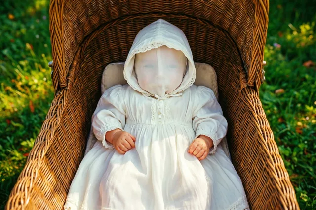 Een baby in een lang wit kleed zit met een kap over het gezicht in een oude rieten kinderwagen op een zonnig grasveld.