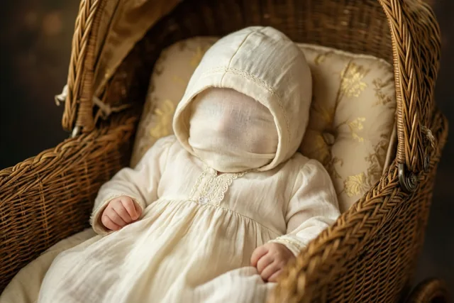 Een baby in een lang wit kleed met een kap die het gezicht bedekt, zit in een oude rieten kinderwagen in zacht, warm licht.