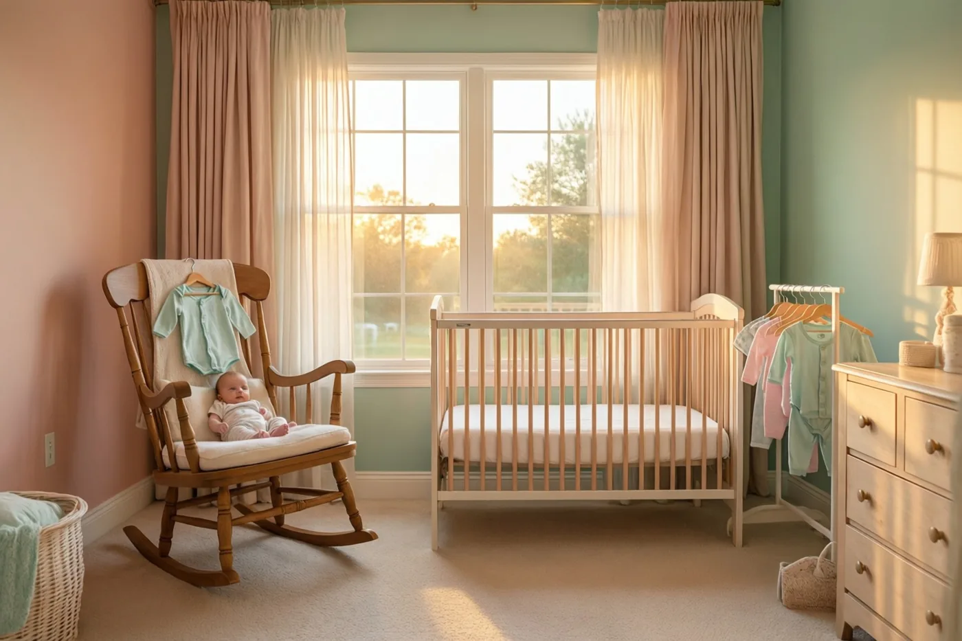 In een zonnige babykamer met roze en mintgroene muren is een baby in een houten schommelstoel te zien, naast een leeg houten babybedje en kleine kleertjes op hangers bij een ladekast.