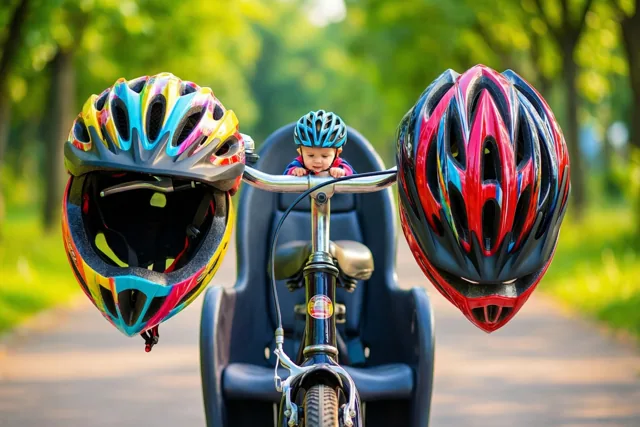 Een baby met een kleine blauwe helm zit in een fietszitje met twee grote kleurrijke helmen aan het stuur, buiten in de zon met groene bomen op de achtergrond.