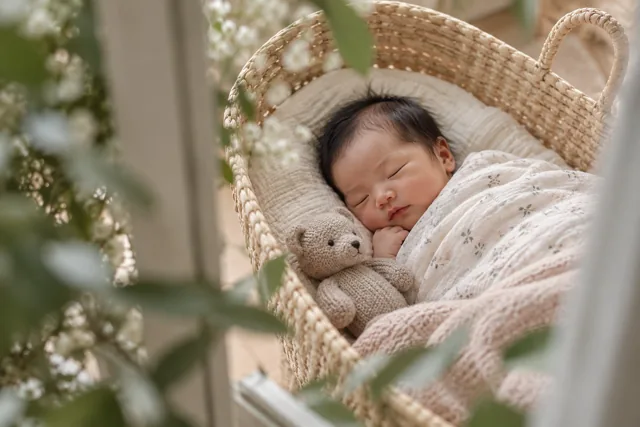 Een pasgeboren baby van Oost-Aziatische afkomst slaapt in een rieten wiegje met een gebreid beertje ernaast.