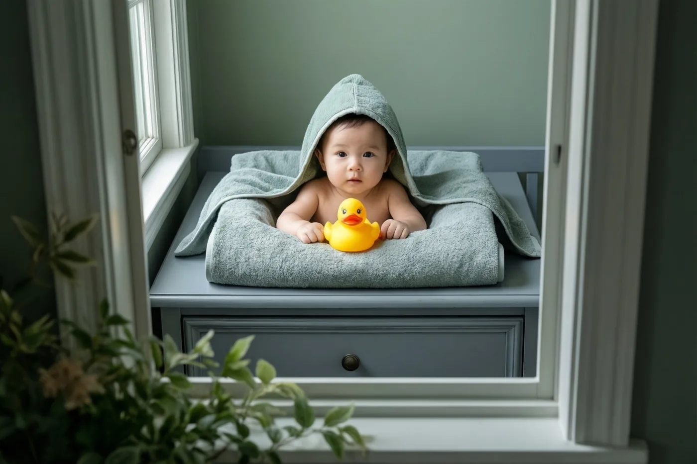 Een baby in een badcape zit op een ladekast en houdt een geel badeendje vast, omlijst door een raam met zacht daglicht en groene muren.