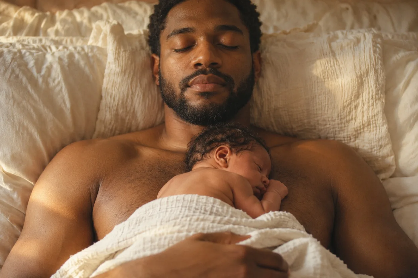 Een zwarte vader met een korte baard en gesloten ogen houdt zijn pasgeboren baby in huid-op-huidcontact tegen zijn blote borst.