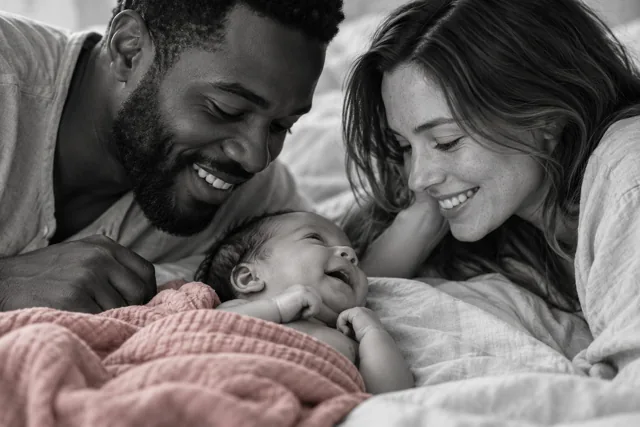 Een zwarte vader en een witte moeder glimlachen naar hun pasgeboren baby, die tussen hen in op een bed met linnen lakens ligt.