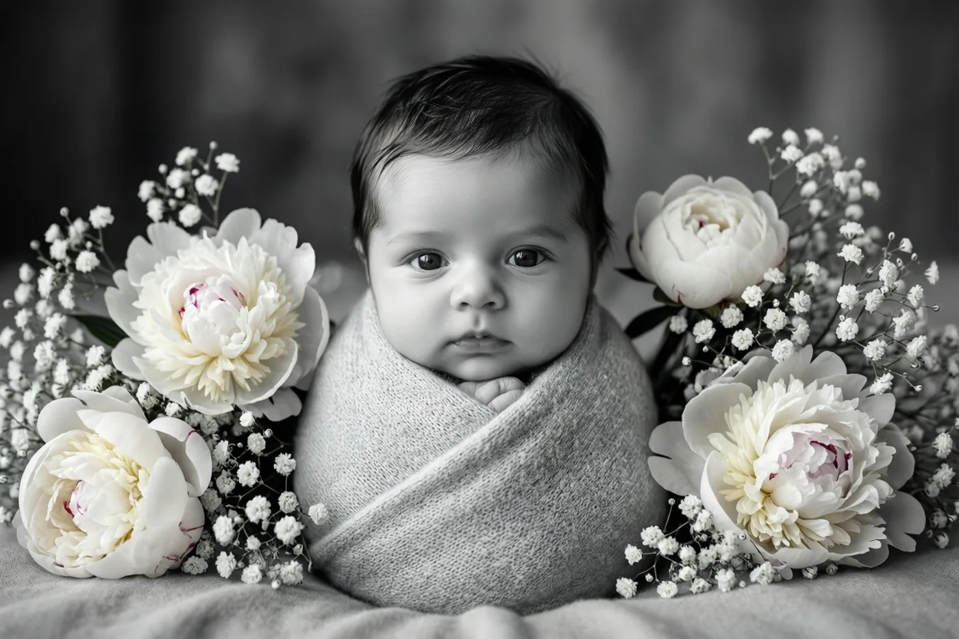 Een zwart-witfoto toont een pasgeboren baby in een deken met structuur, omringd door grote witte pioenen en kleine gipskruidbloemetjes.