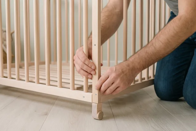 De handen van een man zetten een babybedje van licht hout in elkaar op een lichte houten vloer in een babykamer.