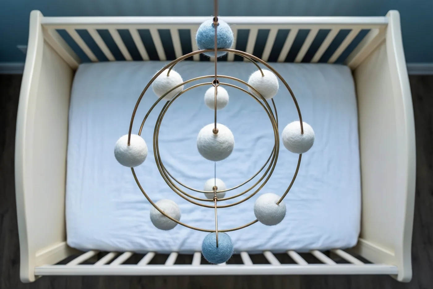 Boven een ivoorkleurig babybedje met lichtblauwe matras hangt een mobiel met messing ringen en witte vilten balletjes, in een kamer met donkerblauwe muur en houten vloer.