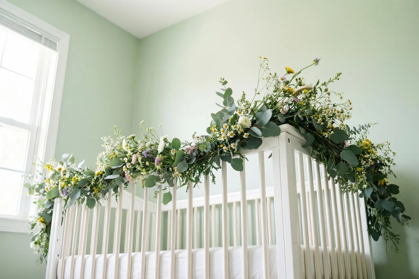 Zacht daglicht uit een raam valt op een wit babybedje met een slinger van veldbloemen en eucalyptusbladeren in een kamer met lichtgroene muren.