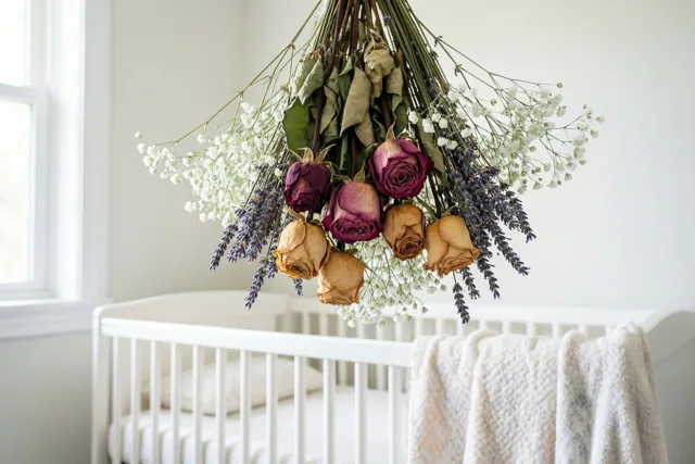 Een droogbloemstuk van rozen, lavendel en gipskruid hangt boven een wit babybedje dat zacht wordt verlicht door daglicht uit een raam.