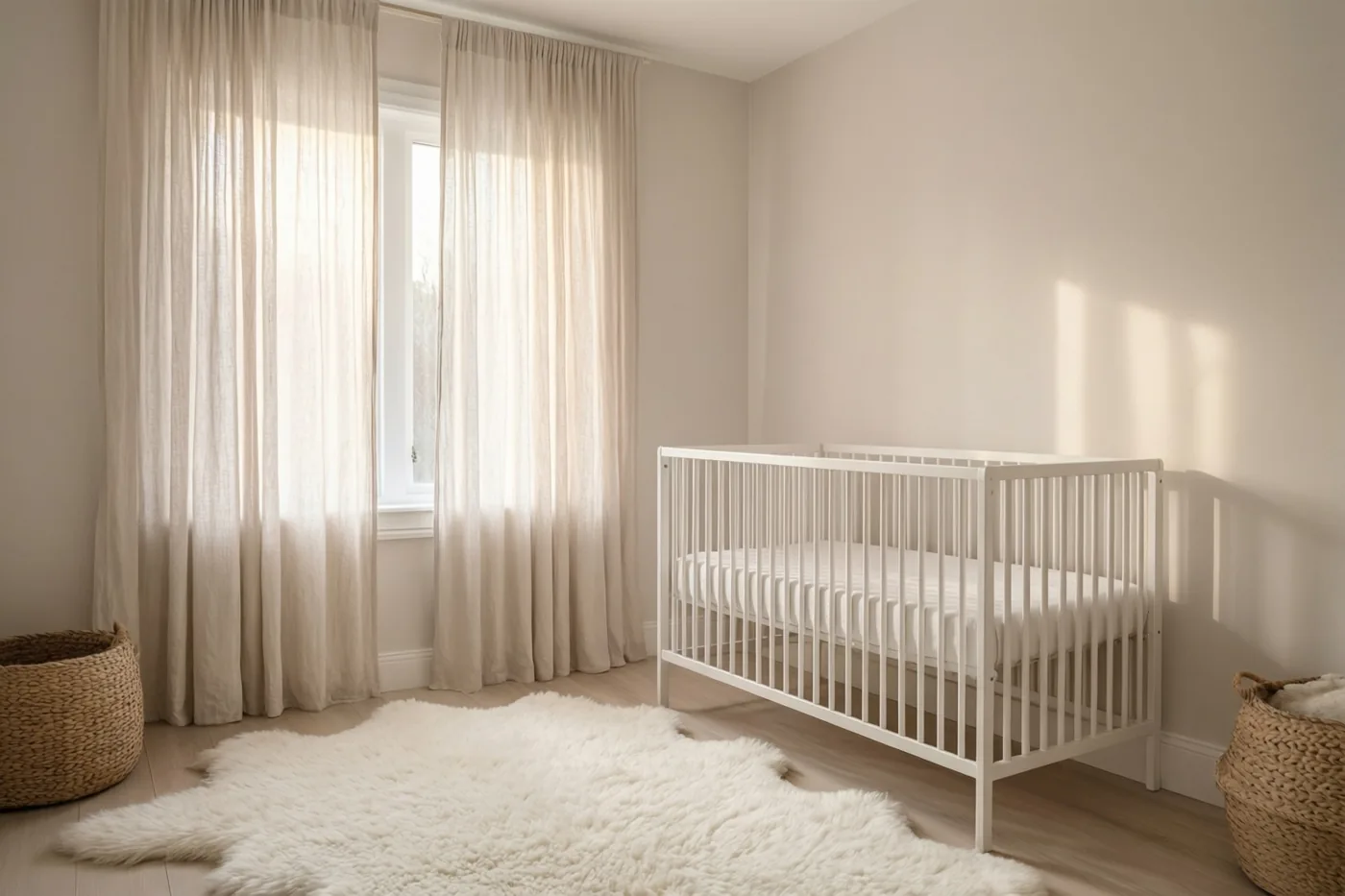 Een wit babybedje staat op een lichte houten vloer met een wit schapenvachtje ervoor, in een neutrale babykamer met ochtendlicht door doorschijnende beige gordijnen.