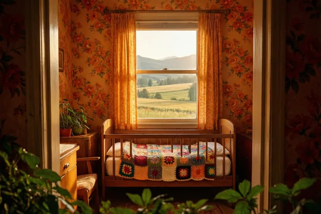 Een houten babybedje met een kleurrijke deken van gehaakte vierkantjes staat onder een raam in een zonnige babykamer in jarenzeventigstijl met oranje bloemenbehang.