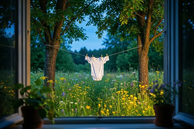 Door een open raam is een kleine witte babybody te zien aan een waslijn tussen twee bomen in een weide met wilde bloemen in zacht avondlicht.