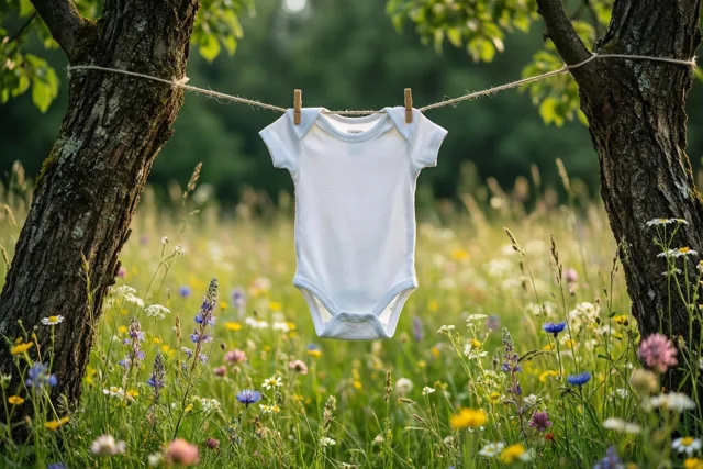 Een kleine witte babybody hangt aan een waslijn tussen twee bomen in een zonnige weide met groene grassen en kleurrijke wilde bloemen.