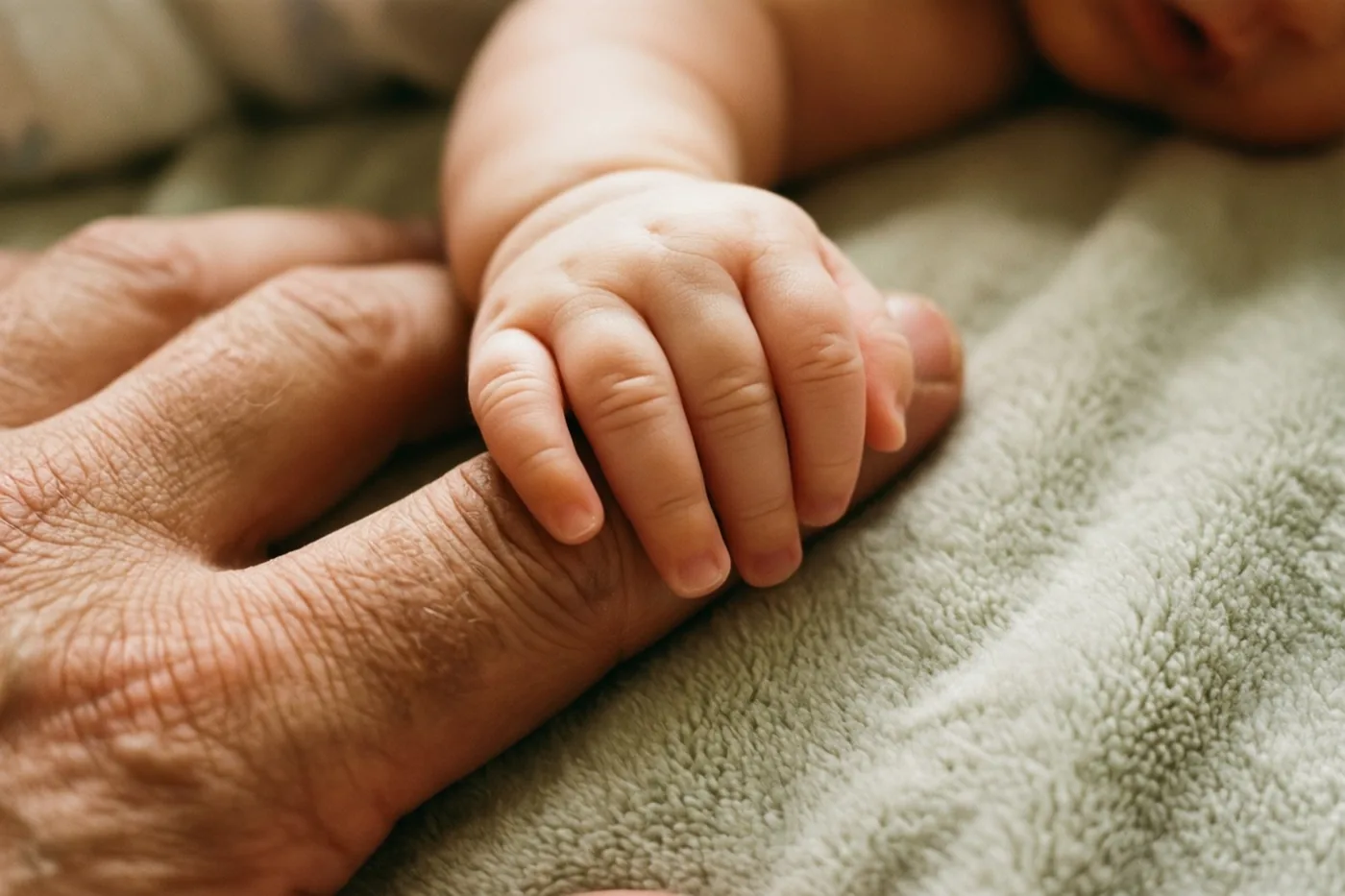 Een babyhandje houdt de grote, gerimpelde vinger van een vader vast op een zachte deken met structuur, in gedempte groenige en beige tinten.