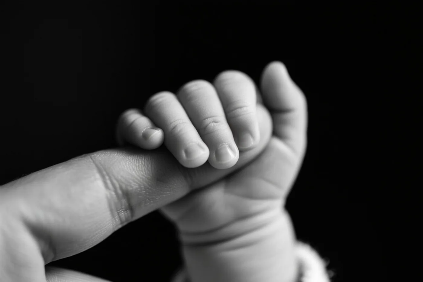 Op een zwart-witfoto grijpt het kleine handje van een pasgeboren baby de vinger van een volwassene vast tegen een zwarte achtergrond.