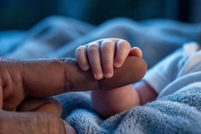 Een babyhandje omsluit de grote vinger van een vader op een zachte blauwe deken met structuur, bij koel licht.