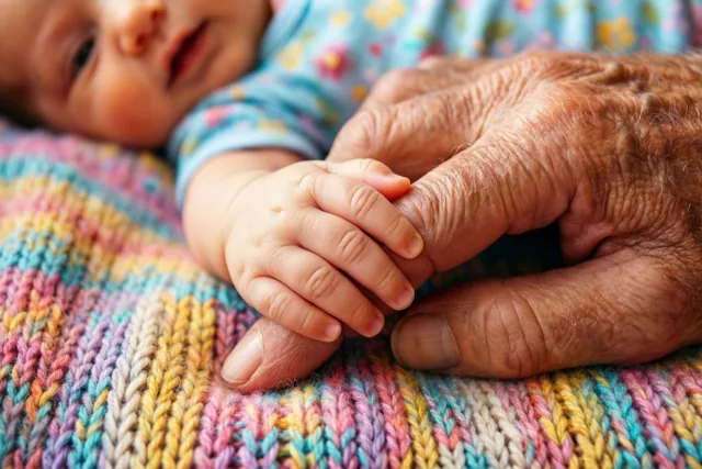 Een babyhandje omsluit een gerimpelde vinger van een volwassene op een kleurrijk gebreid dekentje in zacht licht en pasteltinten.