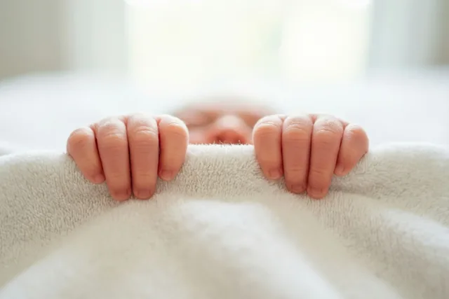 De kleine handjes van een pasgeboren baby grijpen de rand van een zachte witte deken vast, met een wazige achtergrond in helder daglicht.