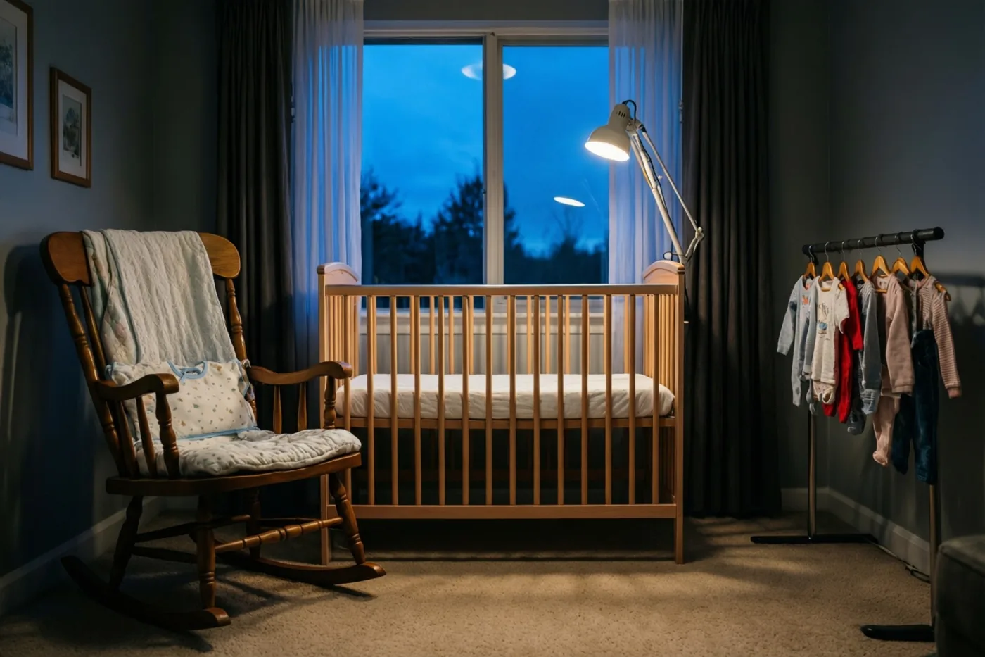 Een staande lamp verlicht een babykamer met een leeg houten babybedje, een schommelstoel met een doorgestikte deken en een rek met babykleertjes, terwijl buiten het raam blauwe schemering zichtbaar is.