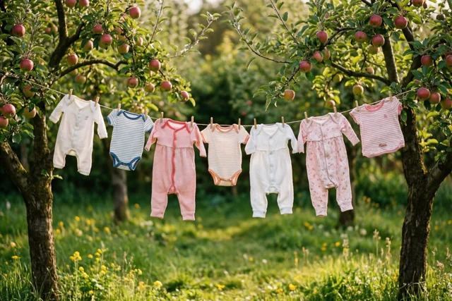 Verschillende kleine babykleertjes hangen aan een waslijn tussen twee appelbomen in een weelderig groene lentetuin in warm zonlicht.