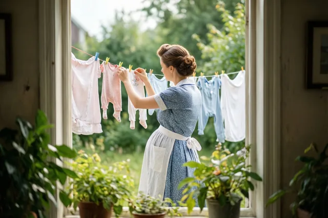 Van achteren gezien hangt een zwangere vrouw in een blauwe jarenvijftigjurk en witte schort babykleertjes aan een waslijn buiten het raam van een zonnige kamer met potplanten.