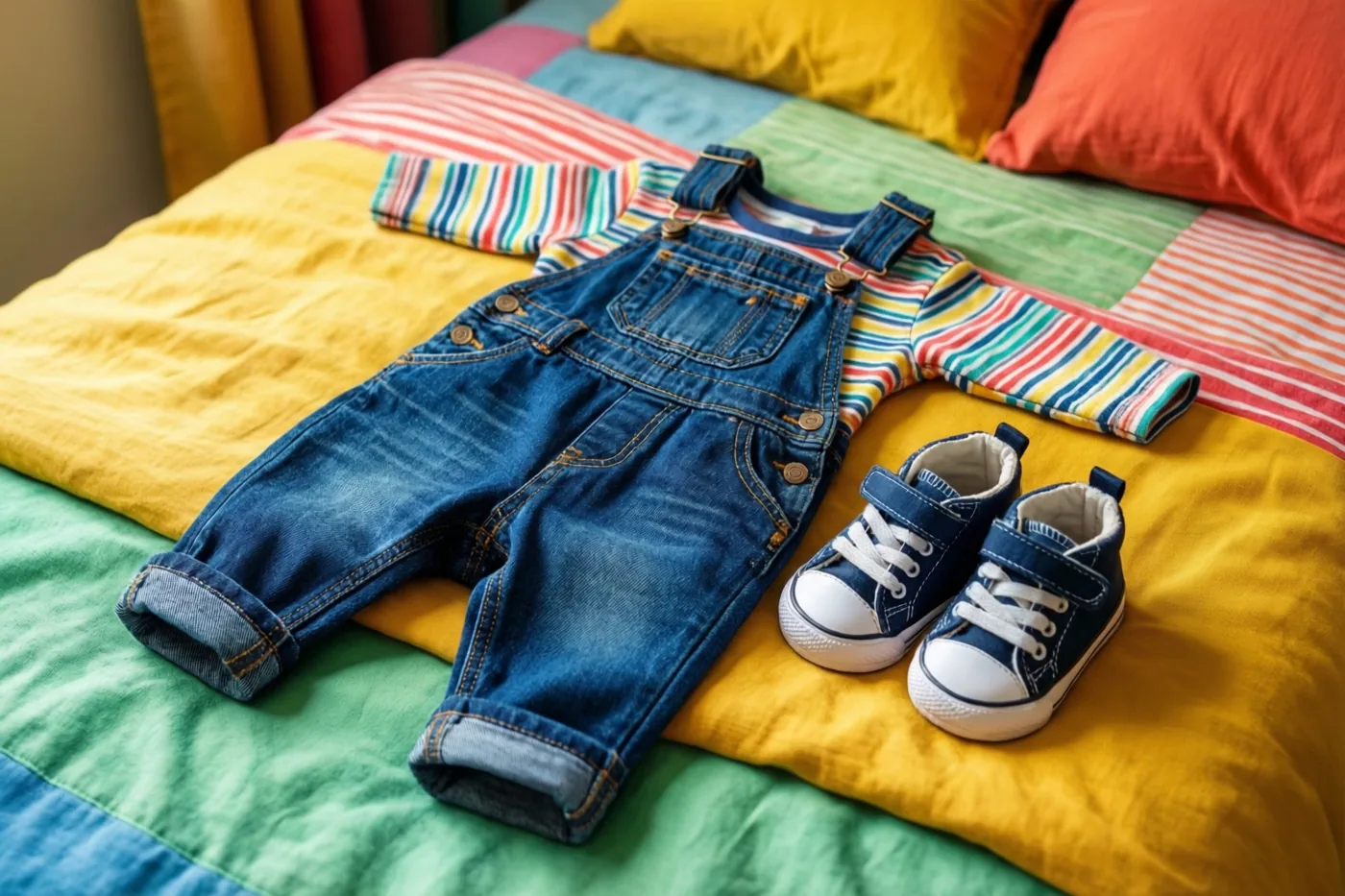 Een jeanssalopet, een gestreept shirt en babysneakers in babymaat liggen op een kleurrijke lappendeken op een bed.