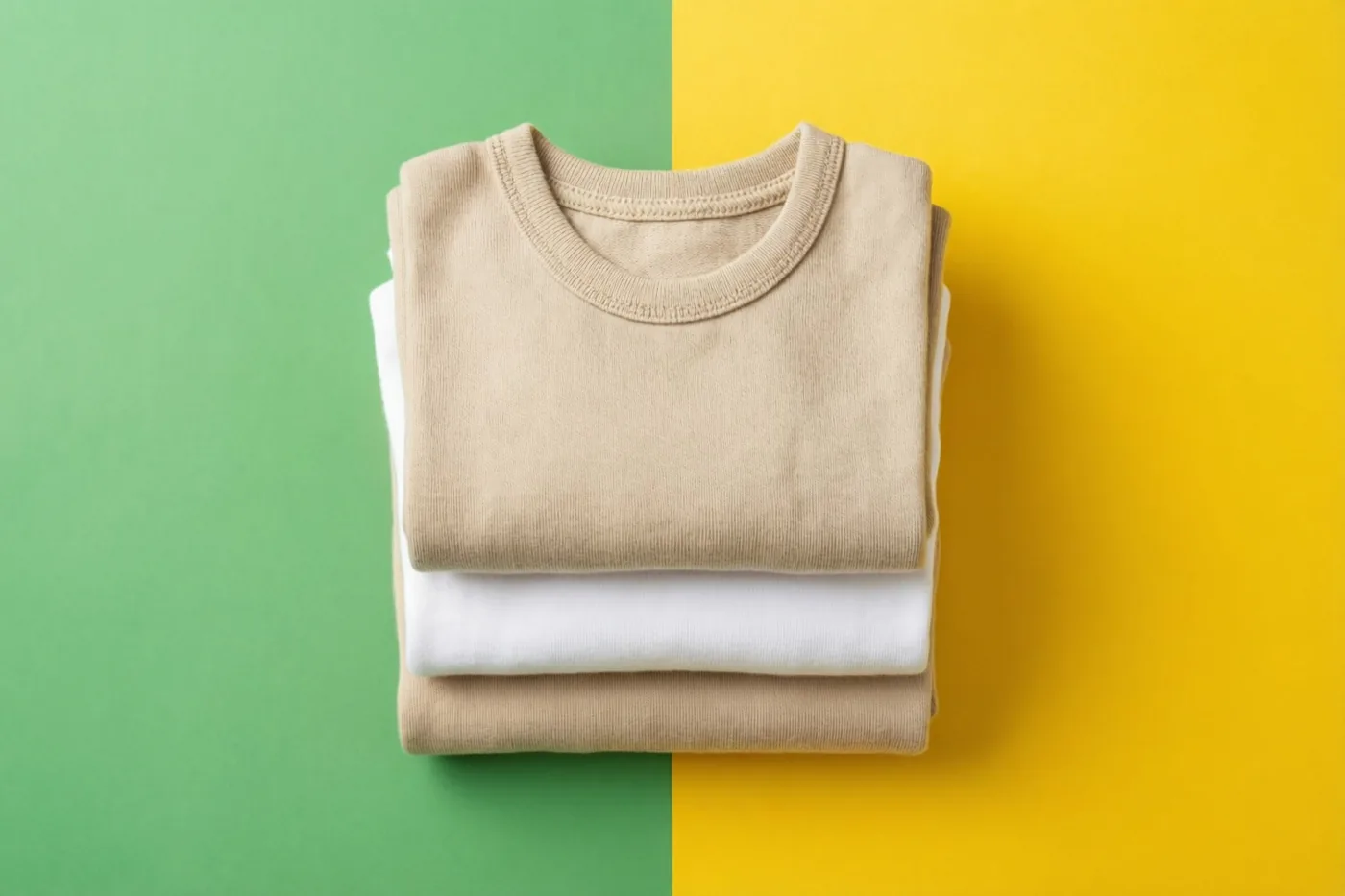Een nette stapel opgevouwen beige en witte babykleertjes staat centraal tegen een achtergrond met een groen en een geel vlak.