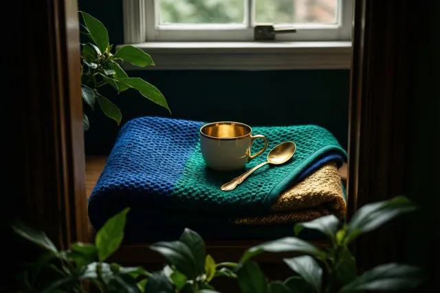 Op een vensterbank ligt een opgevouwen blauw en groen gebreid deken met een babykopje met gouden rand en een lepel, omgeven door donker hout en groen gebladerte.